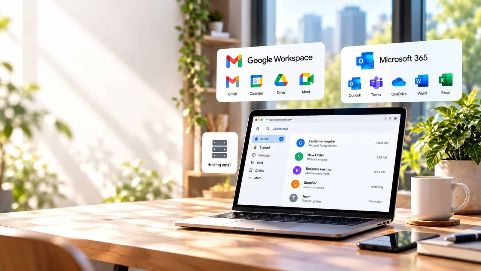 Komputer riba memaparkan peti masuk perniagaan, dengan Google Workspace, Microsoft 365 dan emel hosting sebagai tiga pilihan